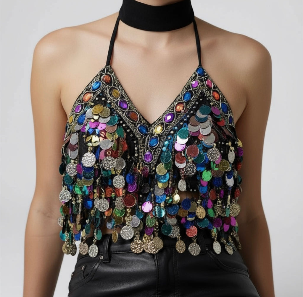 Sequin Halter Bra Top/Belly Dance Top Clubbing/Bra BH Top Bellydance Sequins Beaded Top.
