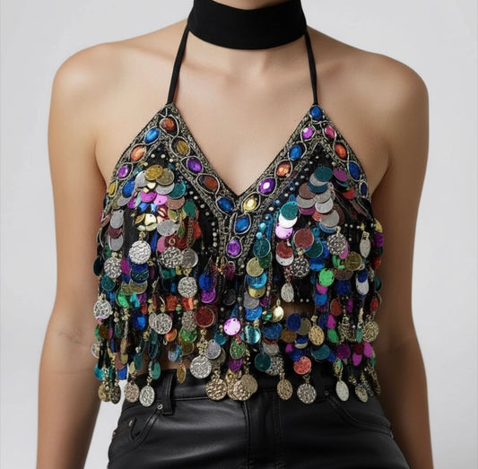 Sequin Halter Bra Top/Belly Dance Top Clubbing/Bra BH Top Bellydance Sequins Beaded Top.