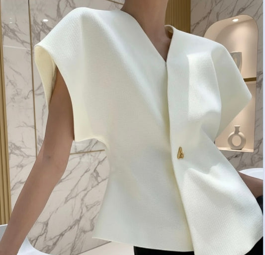 Elegant Women T-shirt V-neck/Single Button Top’s/French Style Irregular Top Solid Short Sleeved Women Y2k Streetwear.