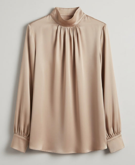 Luxury Satin Pleated Blouse – Elegant Long Sleeve Silky Top for Women