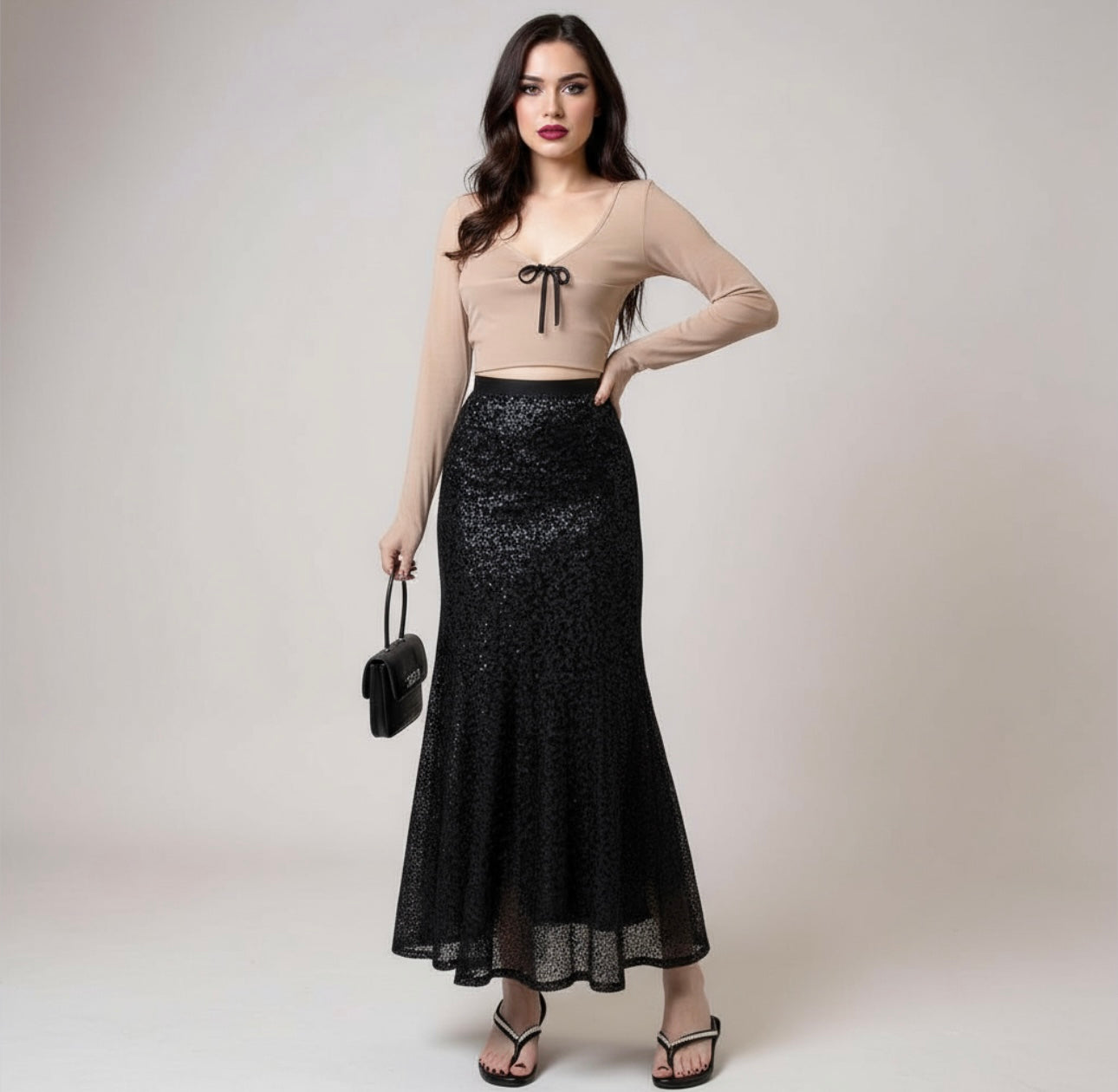 Elegant Sequined Mermaid Skirt / Minimalist Body-Con High A-Line Sparkly Mid-Calf Skirt