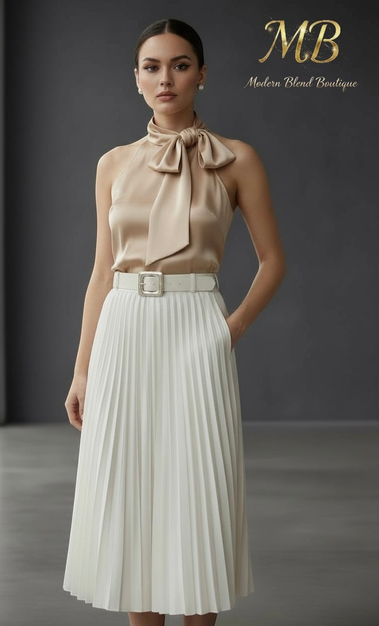 Flowing Effect Pleated Skirt/Neutral Beauty Layered Skirt/Midi Long Skirt/High Waist Elegant Faux Suede Skirt With Belt.