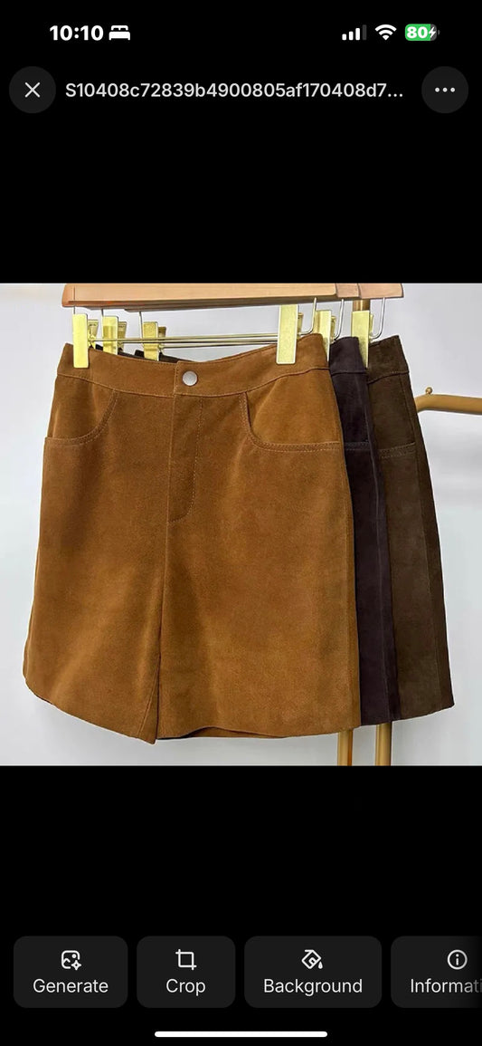 Sheepskin Real Suede Leather Shorts for Women – Genuine Leather Slimming Straight-Leg Mid-Waist Trousers in Coffee Brown | Fall Fashion