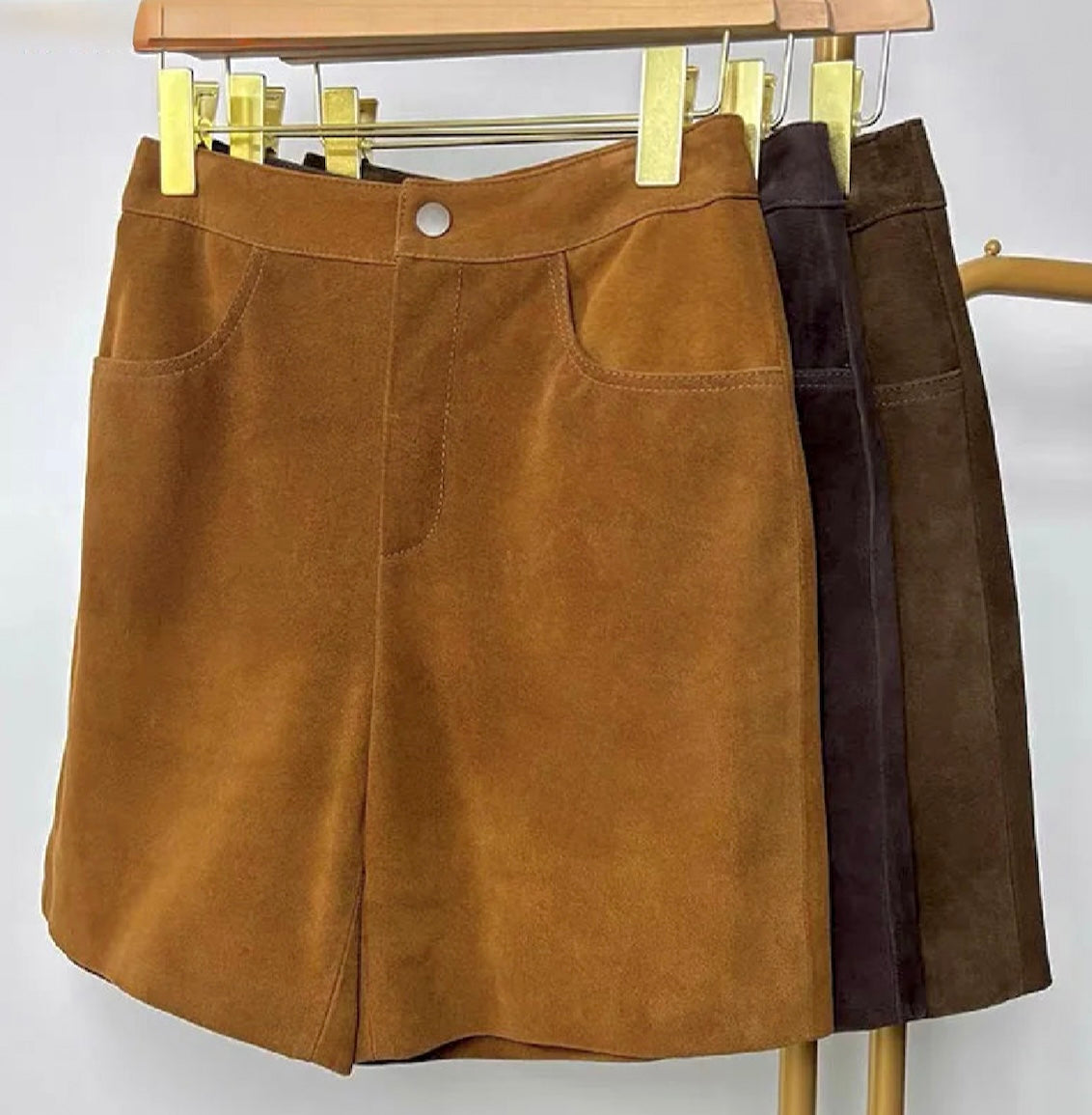 Sheepskin Real Suede Leather Shorts for Women – Genuine Leather Slimming Straight-Leg Mid-Waist Trousers in Coffee Brown | Fall Fashion