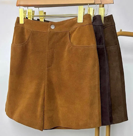 Sheepskin Real Suede Leather Shorts for Women – Genuine Leather Slimming Straight-Leg Mid-Waist Trousers in Coffee Brown | Fall Fashion