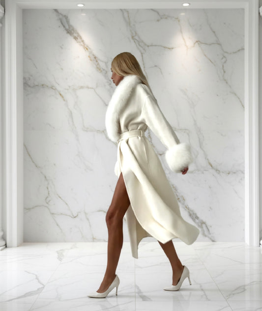 Faux Fur Patchwork Woolen Overcoat – Classic patchwork woolen long coat with faux fur, ideal for autumn/winter collection/Solid Fur Patchwork Woolen Coat.