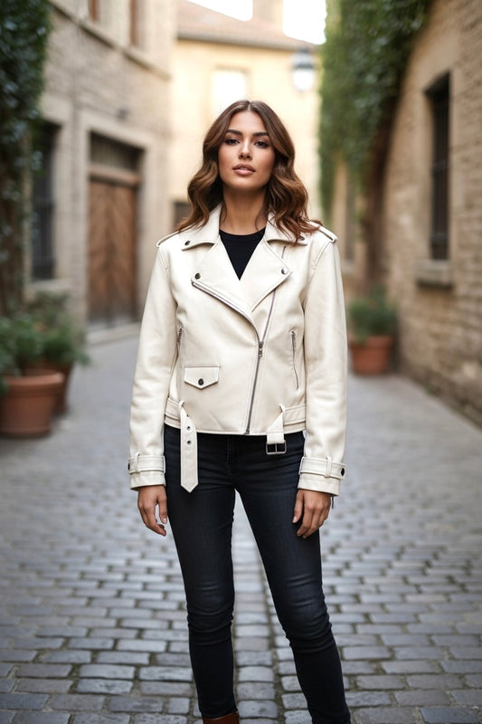 Luxury Oversized Sheepskin Moto Jacket – Cropped Structured Biker Coat for Women (Red, Black, Ivory, Emerald Green, Blush Pink, Camel)