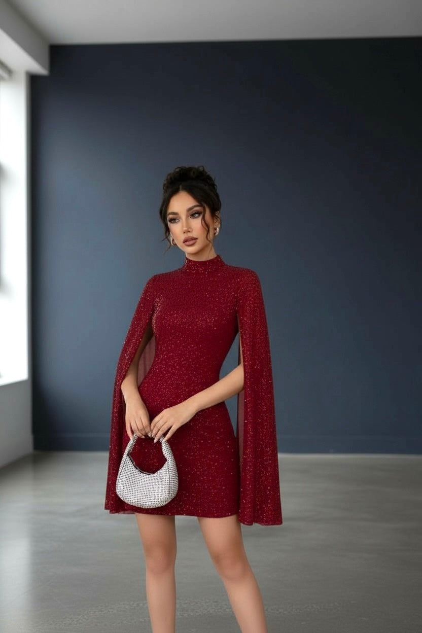 Asymmetrical Shimmered Body~Con Dress/Neck Chiffon Cape Hip Figured Dress/Elegant Winged Sleeves/Mini Cocktail Dress.