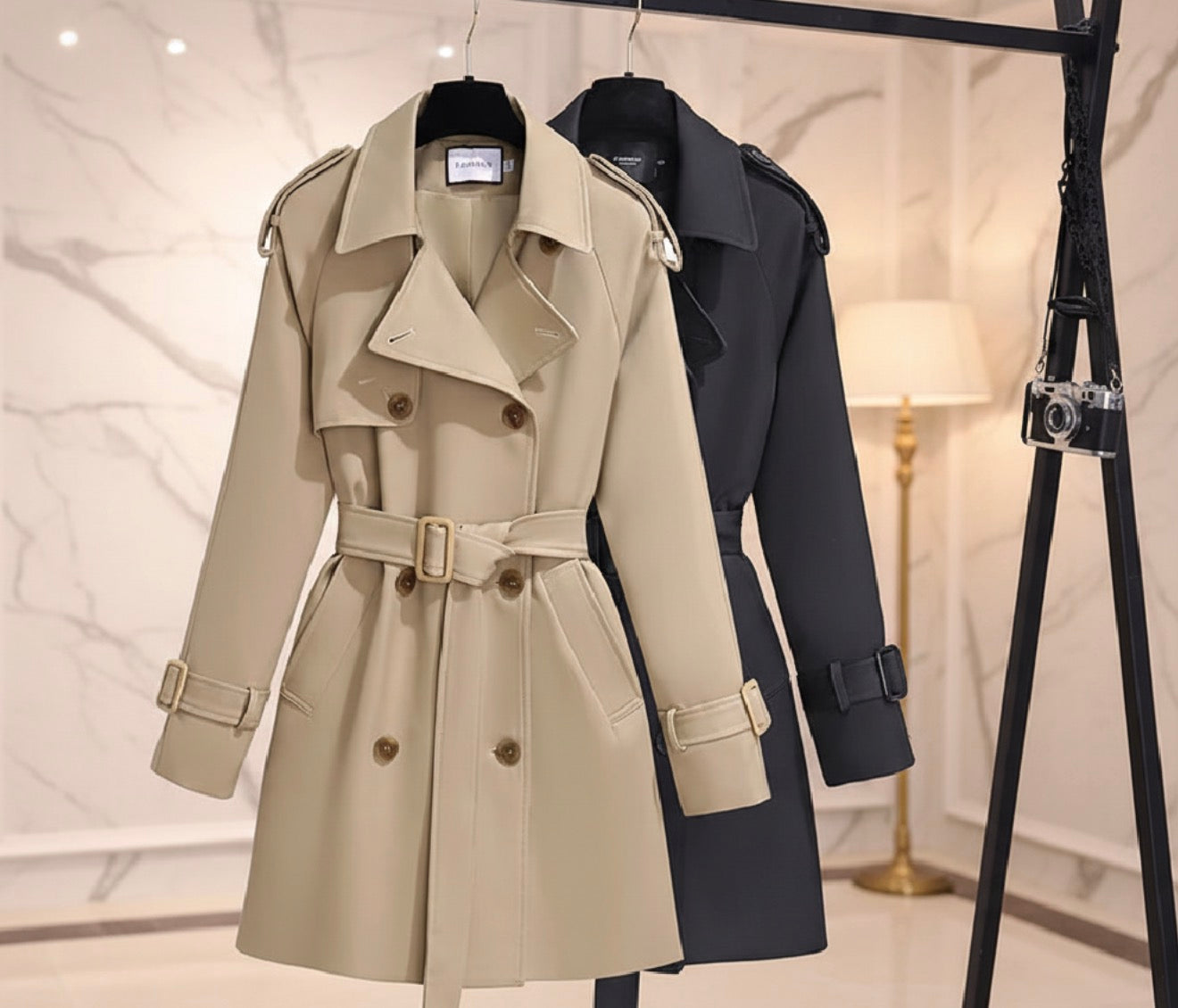 Classic Double-Breasted Belted Trench Coat for Women | Elegant Long Coat – Beige & Black