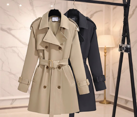 Classic Double-Breasted Belted Trench Coat for Women | Elegant Long Coat – Beige & Black