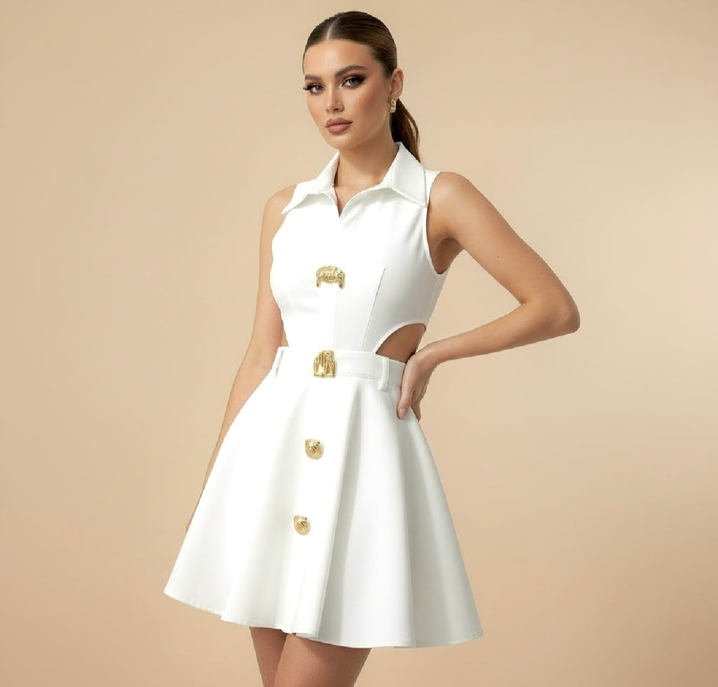 Sleeveless Cut - Out Shirt Dress with Collar Elegant Gold Buckles & Button’s/ Flared Skirt Design – Perfect for Stylish Occasions