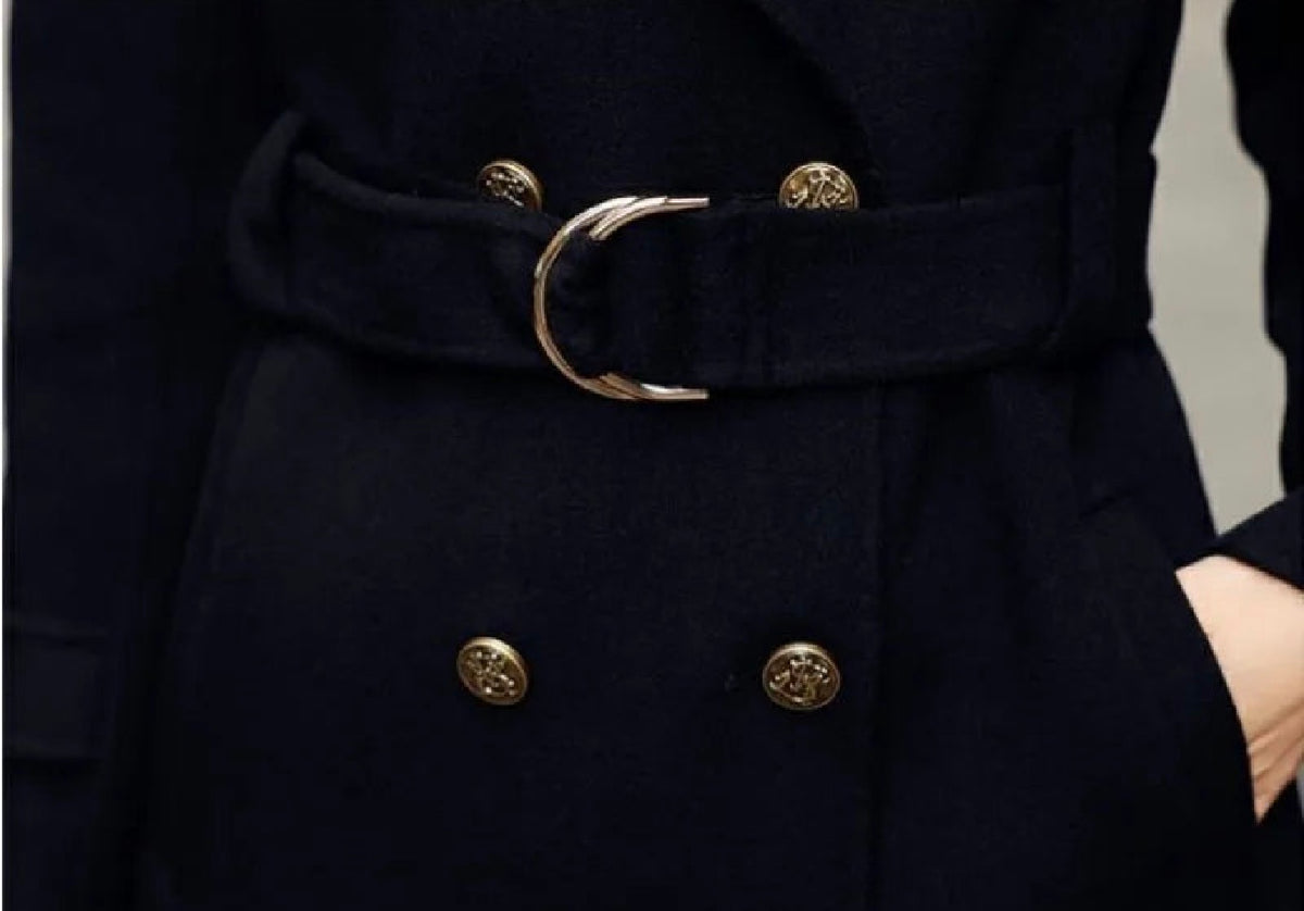 Women’s Double-Breasted Belted Long Wool-Blend Coat | Tailored Winter Overcoat with Gold Buttons & Notched Lapel | Sizes S–3XL
