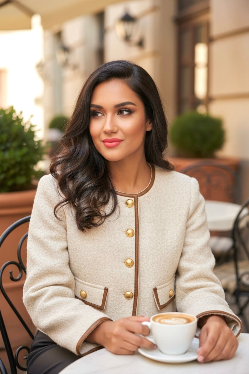 Elegant Cream Wool Cropped Jacket for Women – Vintage-Inspired Button Front Coat