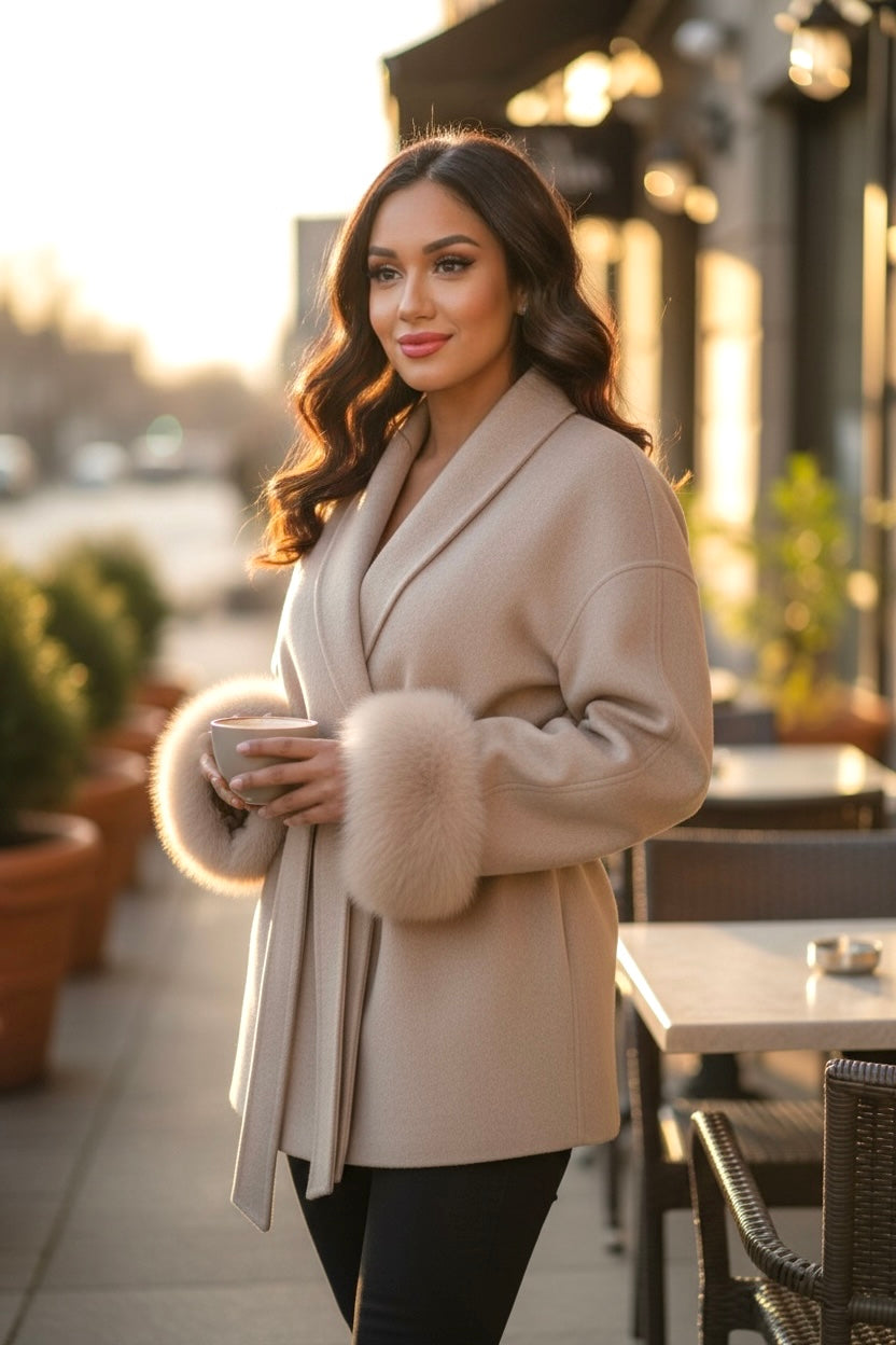 Women’s Luxury Belted Coat with Faux Fur Cuffs – Elegant Winter Outerwear | Chic Boutique Coat