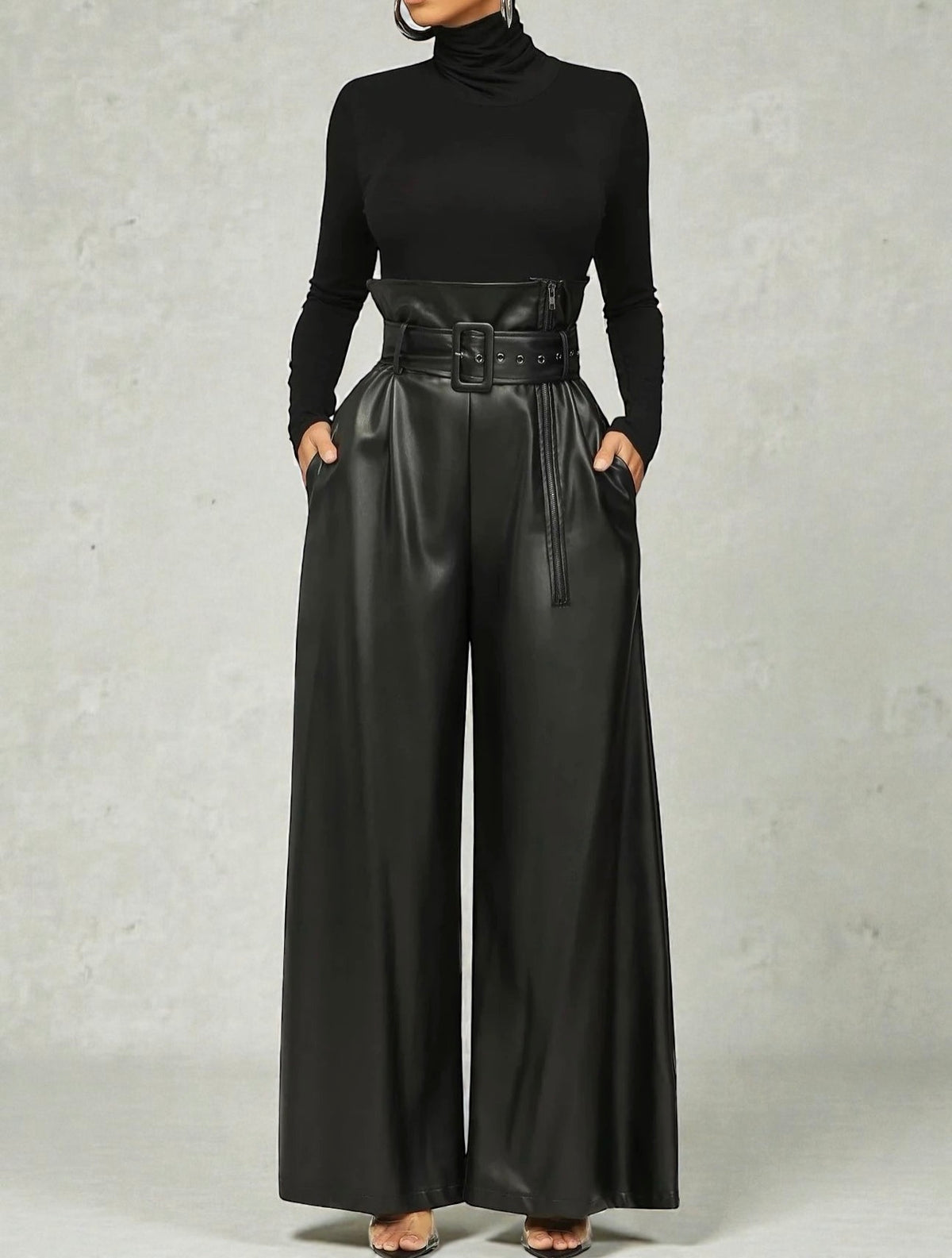 High-Waist Faux Leather Wide-Leg Pants with Belt – Elegant Statement Trousers