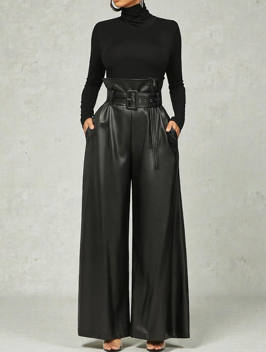 High-Waist Faux Leather Wide-Leg Pants with Belt – Elegant Statement Trousers