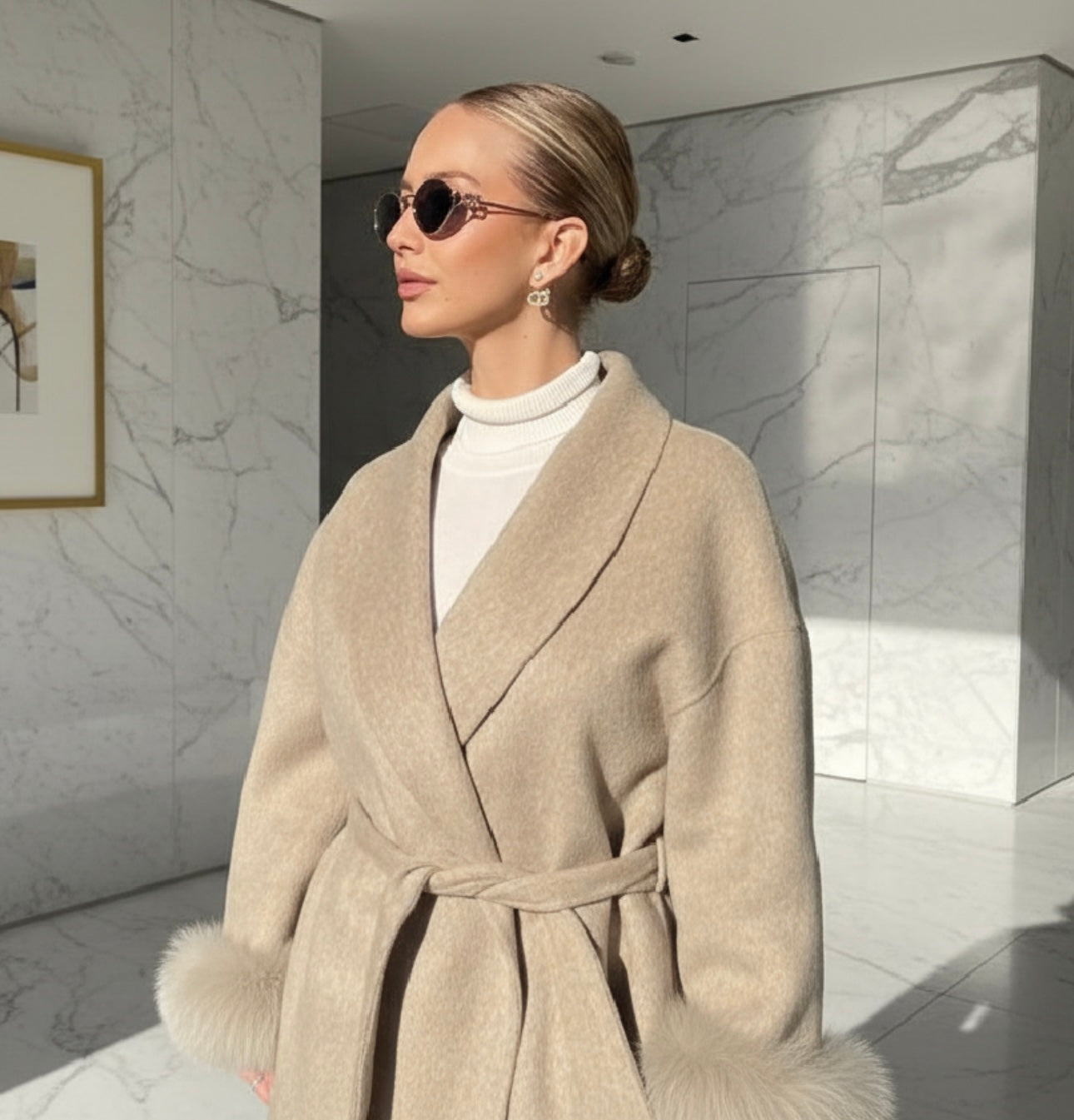 Elegant Lace-Up Woolen Short Coat for Women – Solid Loose Lapel Jacket with Furry Belt, Long Sleeve Chic Cardigan (Autumn Winter 2025)