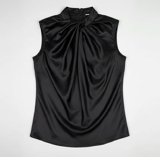 Women’s Satin Twist-Neck Sleeveless Blouse – Elegant Draped Office & Occasion Top