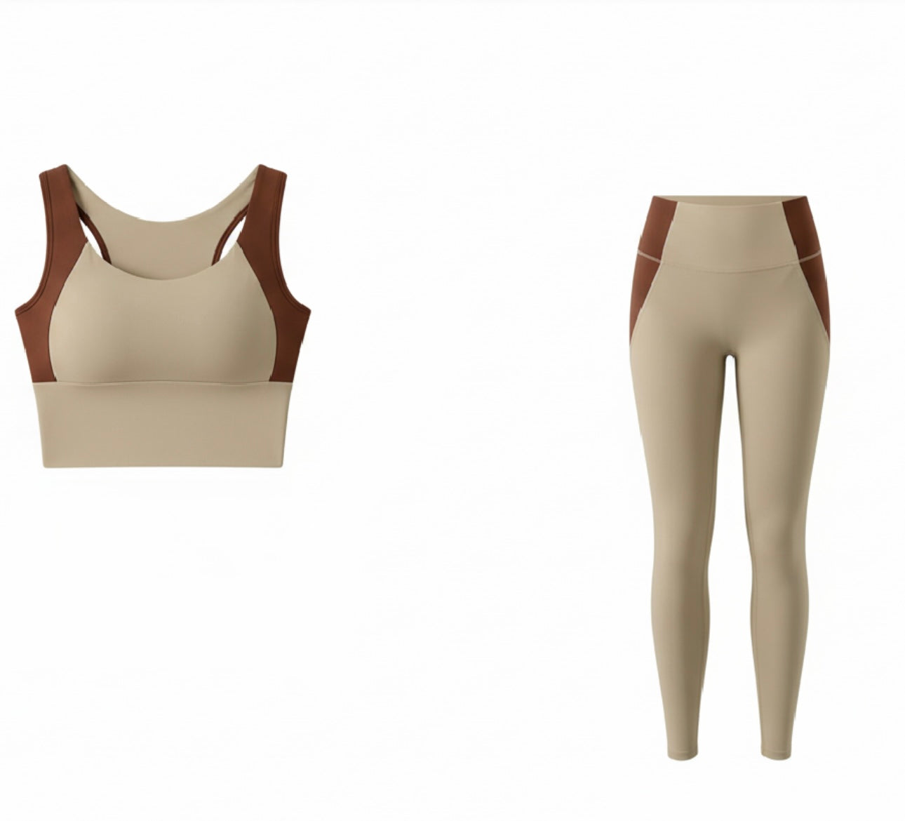 Two-Tone Seamless Sports Bra & High-Waisted Leggings Set – Sculpting Neutral Athleisure Outfit