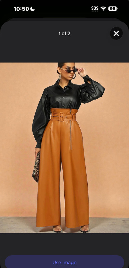 High-Waist Faux Leather Wide-Leg Pants with Belt – Elegant Statement Trousers