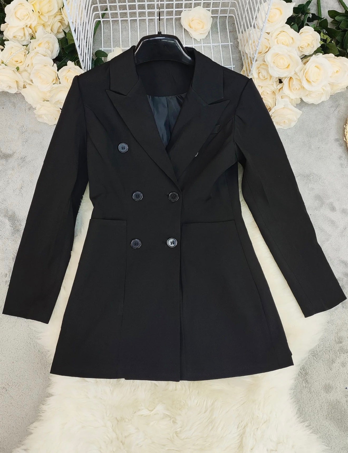 Black Tailored Blazer Dress – Double Breasted Satin Lapel Mini Dress