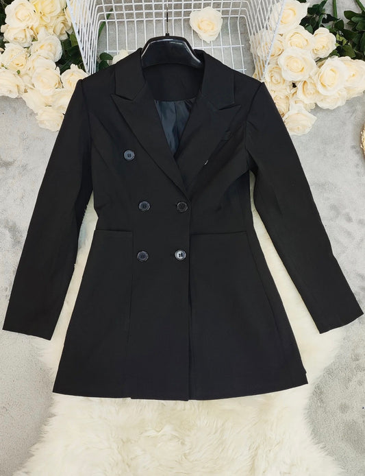 Black Tailored Blazer Dress – Double Breasted Satin Lapel Mini Dress