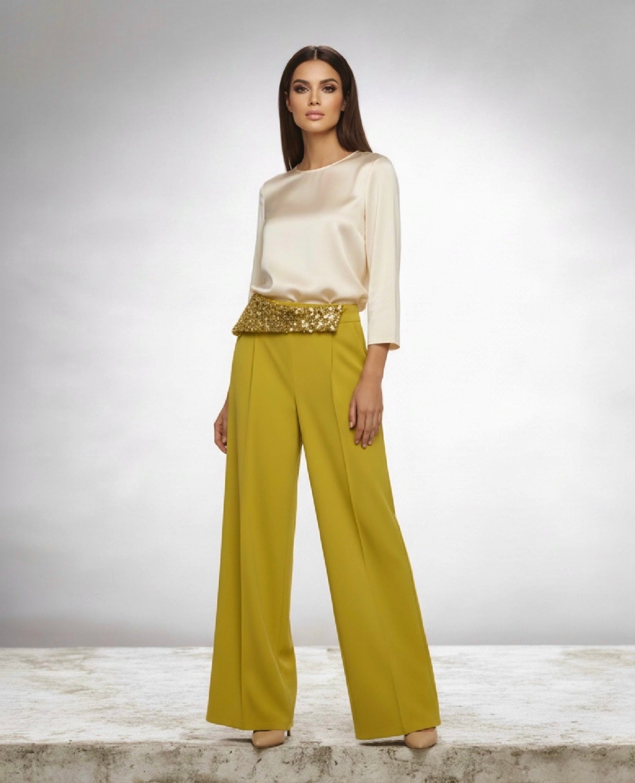 Burgundy High Waist Wide Leg Pants with Sequin Waistband | Elegant Dressy Women’s Trousers