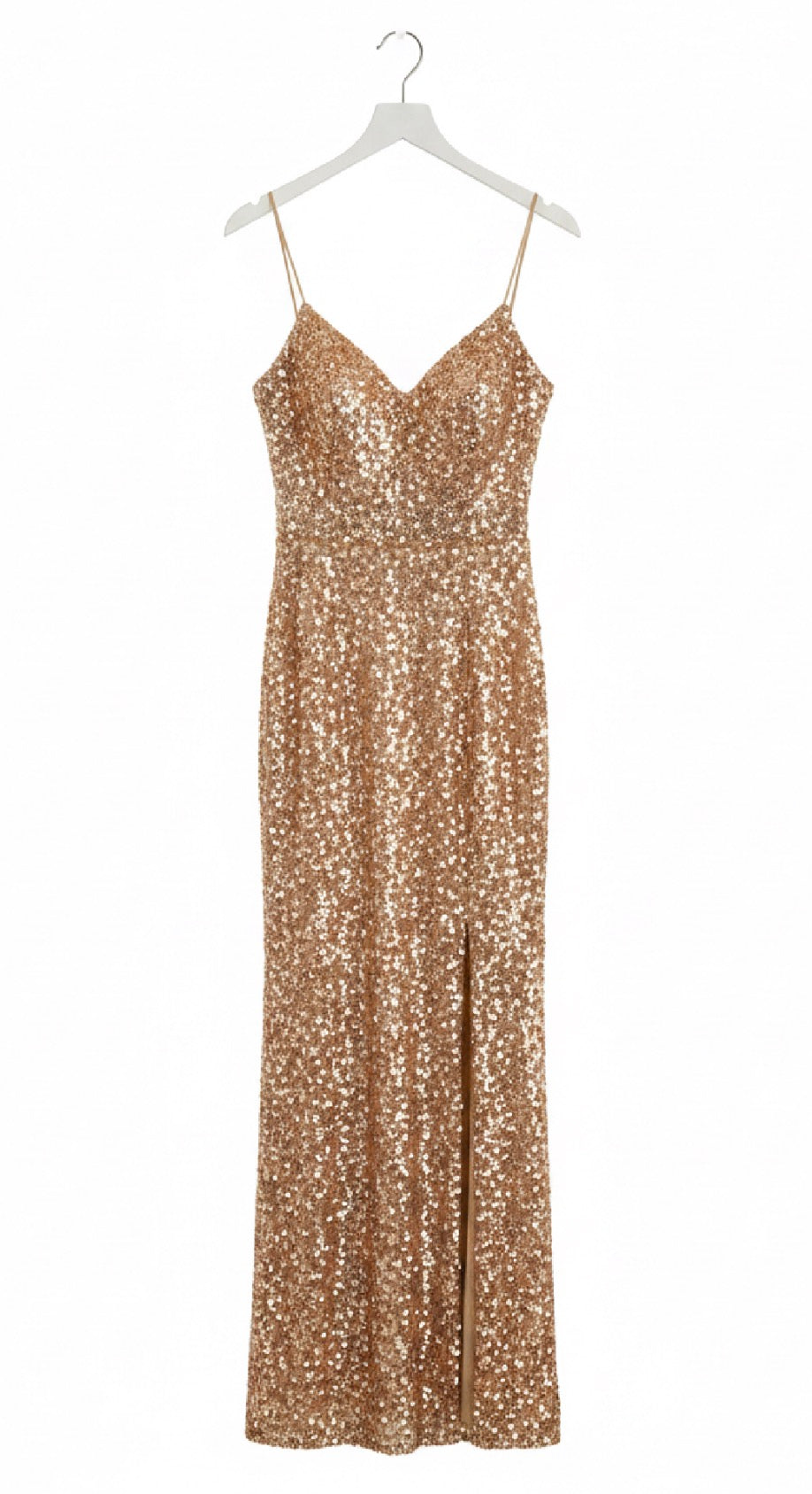 Luxury Gold Sequin Evening Gown – Elegant High Slit Bodycon Maxi Dress for Formal Events & Red Carpet Nights