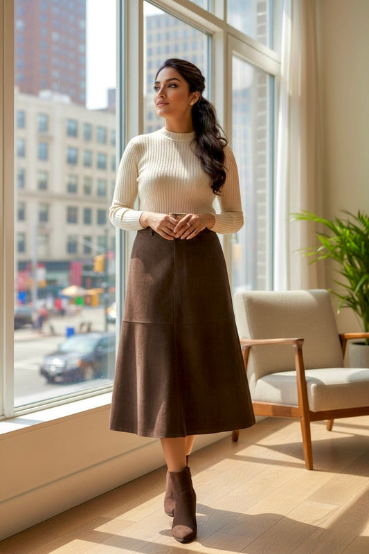 Ladies Coffee Suede Textured Midi Skirt – High-Waisted A-Line Elegant Casual Commuter Skirt