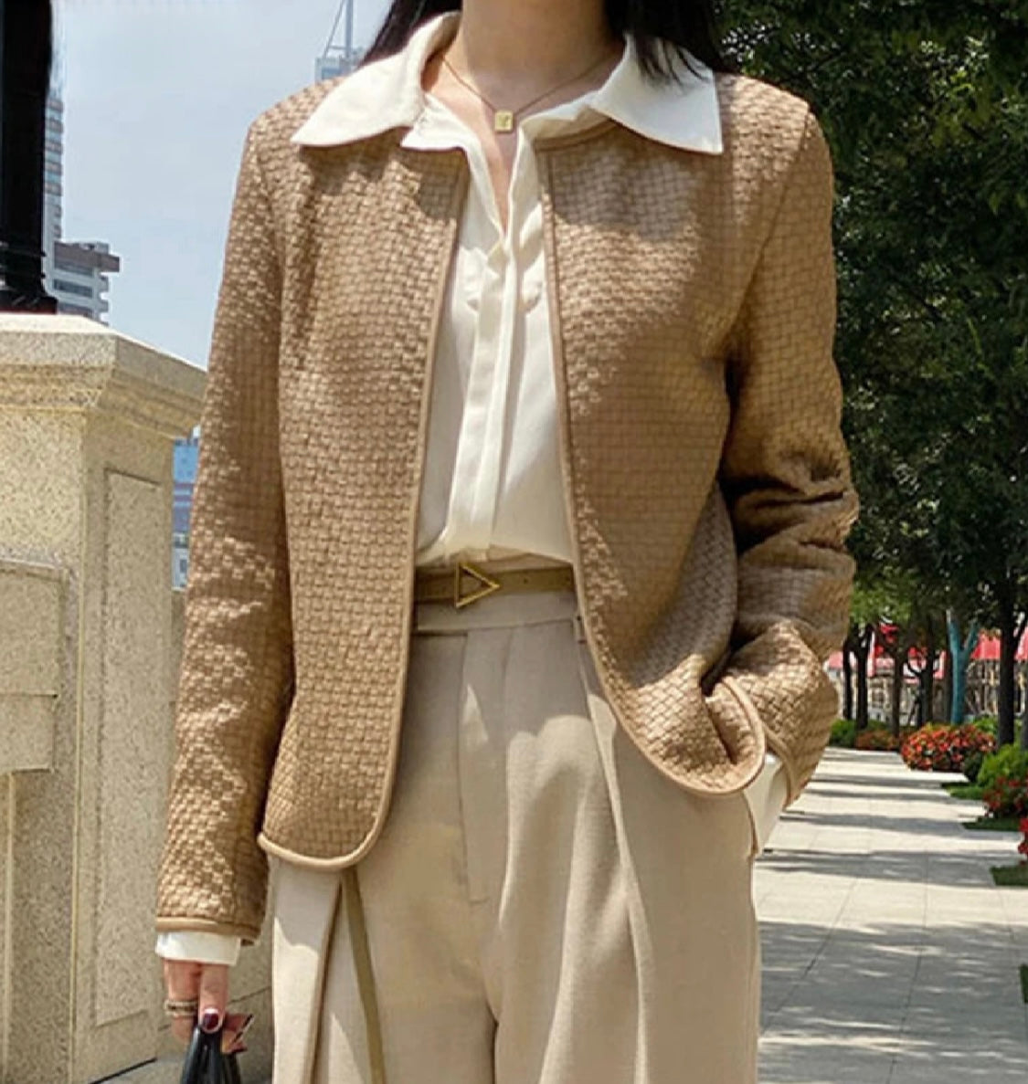 Genuine Leather Jacket/Women Stylish Vintage Jacket/Hand-Woven Sheepskin/O-Neck Cardigan Plaid Coat Outwear.