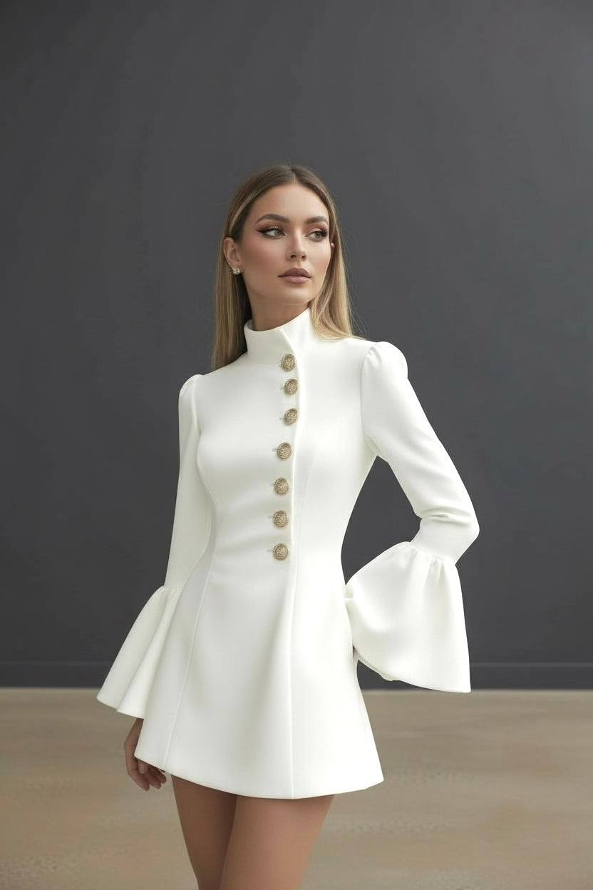 Elegant Slim Mini Dress/Winter Fashion Solid Color Long Puffed Sleeved Body-con/Buttoned Above Knee Pullover.