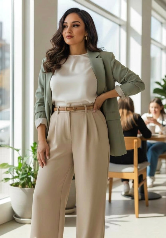 High-Waist Pleated Straight-Leg Trousers for Women | Elegant Tailored Casual Suit Pants | Soft Blush Pink Fashion Pants