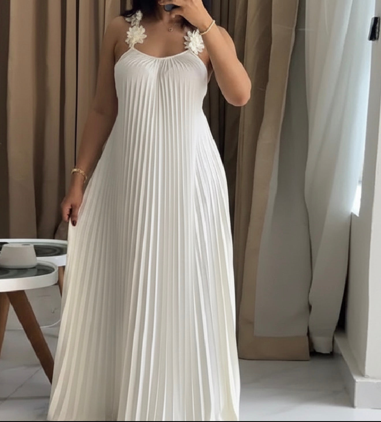Modern Pleated Maxi Dress with Floral Strap Detail – Elegant Flowing Summer Dress – Backless A-Line Vacation Dress