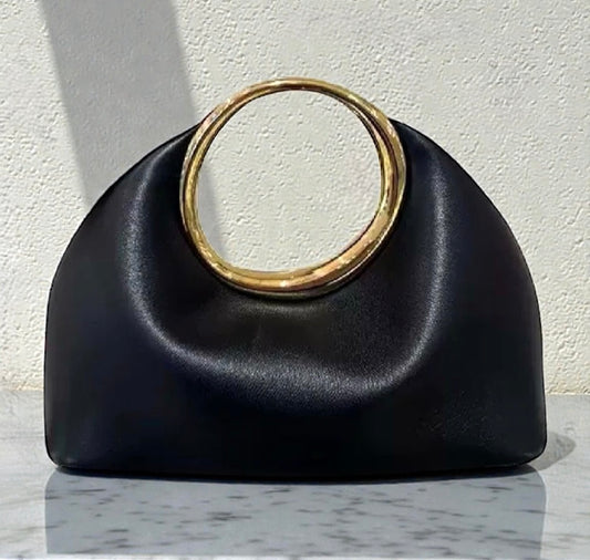 Luxury Sculpted Black Handbag with Gold Circular Handle – Modern Statement Top Handle Purse for Women