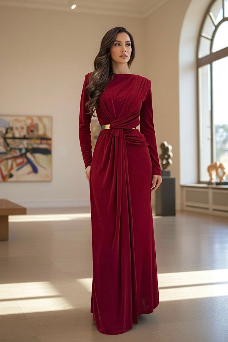 Elegant Burgundy Long Sleeve Ruched Maxi Dress – High Waist Formal Evening Gown for Women