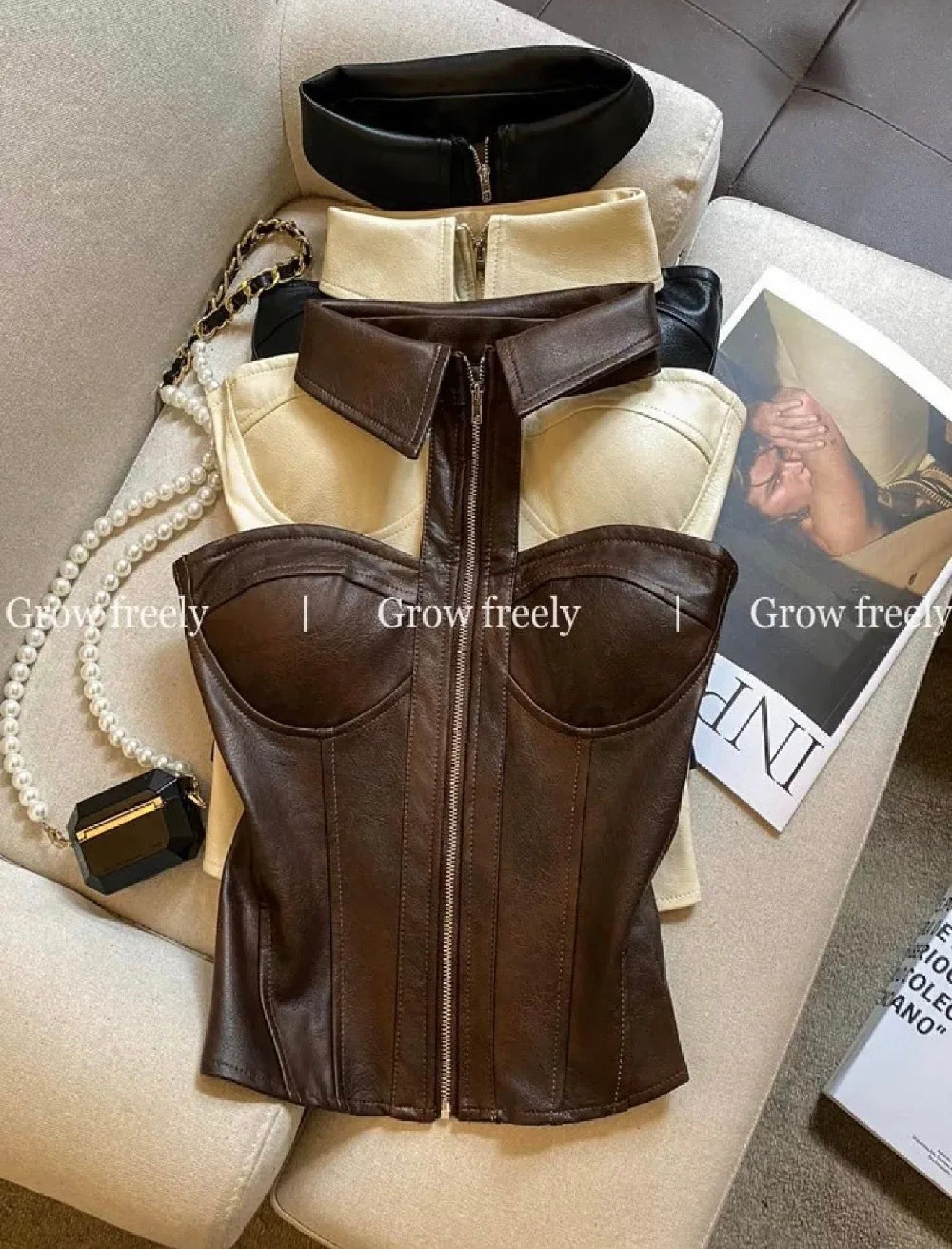 Luxury Halter Neck Corset Bustier Top with Collar & Front Zipper – Champagne Beige & Chocolate Brown Faux Leather Sculpted Top