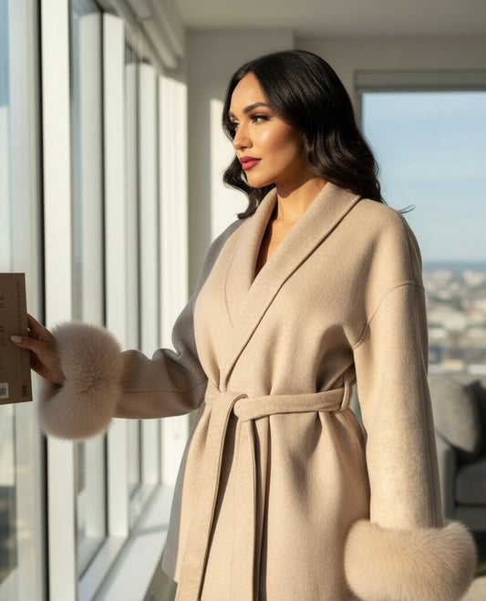 Women’s Luxury Belted Coat with Faux Fur Cuffs – Elegant Winter Outerwear | Chic Boutique Coat