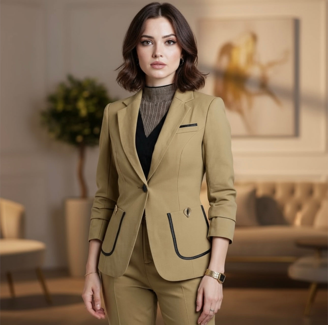 Breathable Office Trouser Suit/Ladies Business Suit Design for Work/Solid Blazer Weaving Crocheted Suit.