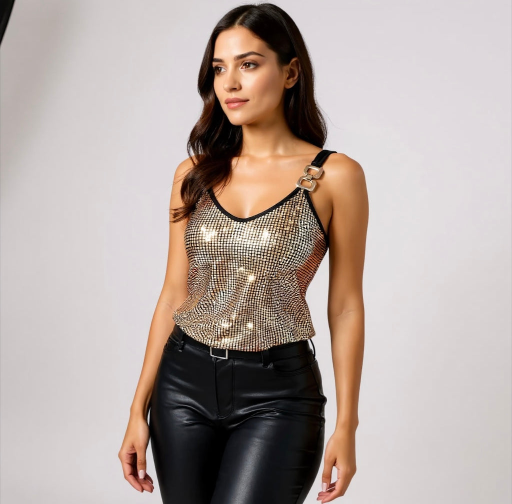 Disco Sequined Nightclub Tank Top/V~Neck Shiny Layered Camisole Blouse/Elastic Strapped Tank Top.