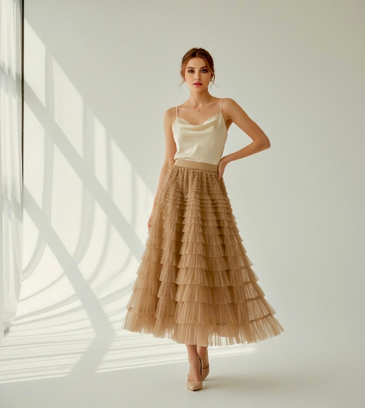 Champagne Layered Tulle Ruffle Maxi Skirt