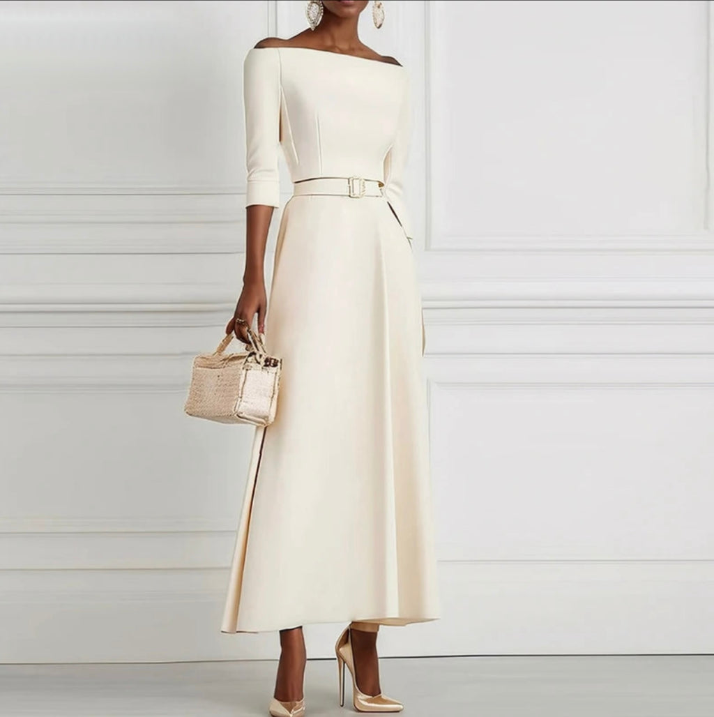 Elegant Party Dresses For Women One Shoulder Half Sleeve High Waisted A-Line Long Dress Women Offfice Dress White