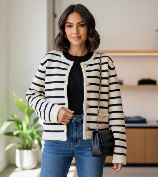 Women’s Striped Knitted Cardigan – O-Neck Long Sleeve Short Sweater Jacket | Spring Fall Versatile Knit Top