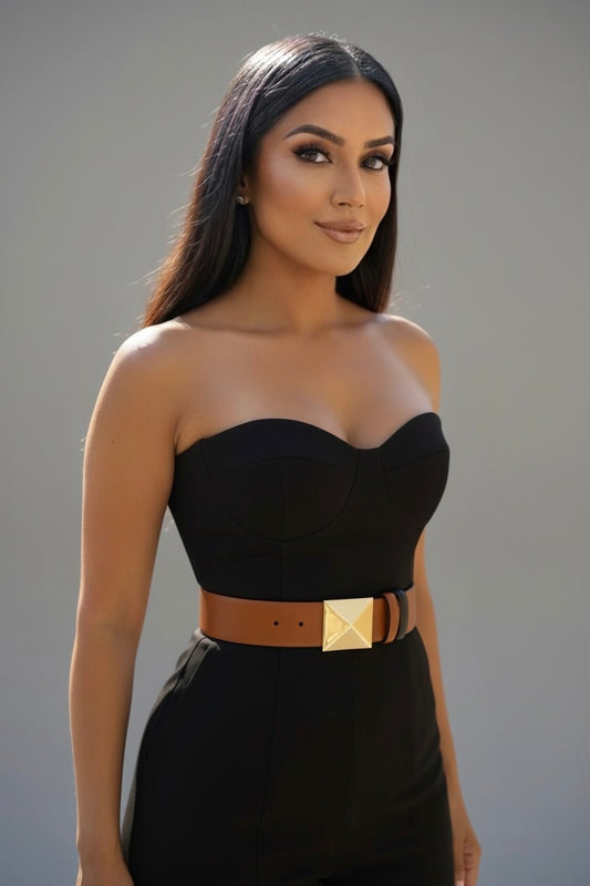 Luxury Brown Leather Belt with Gold Geometric Buckle | Women’s Statement Waist Belt