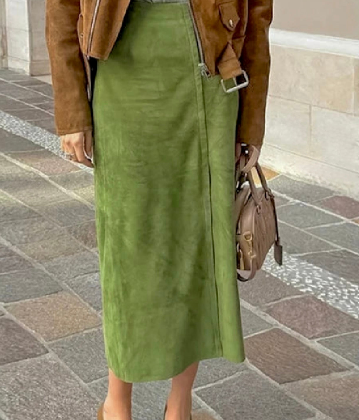 Stylish Vintage Green Suede/Split Straight High Waist Skirt/Autumn  Comfortable Casual Faux Suede Slim Skirt Streetwear.