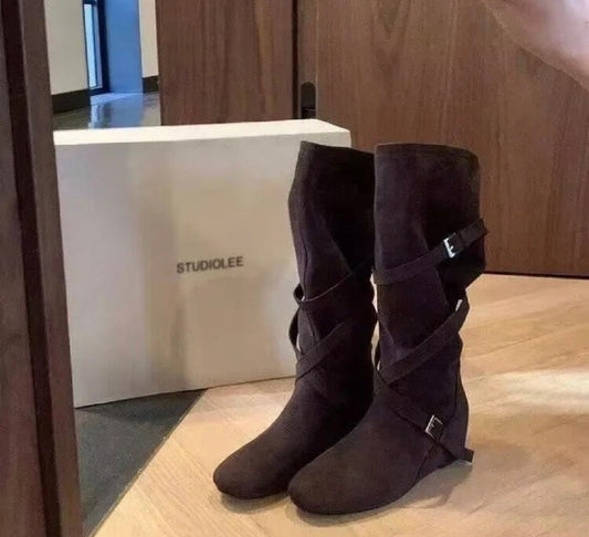 Women’s Suede-Look Western Wedge Boots – Knee-High Slouchy Buckle Strap Boots | Fall & Winter