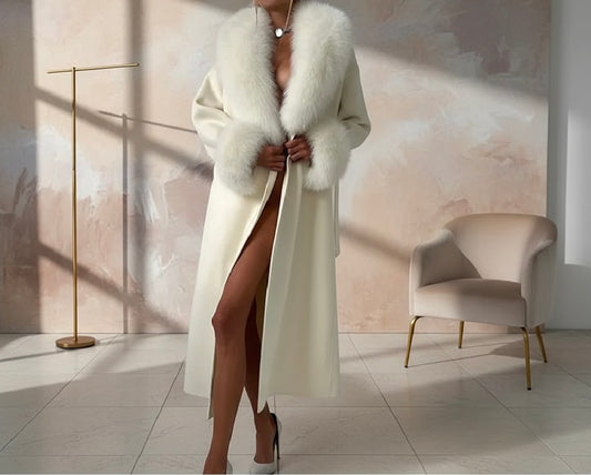 Faux Fur Patchwork Woolen Overcoat – Classic patchwork woolen long coat with faux fur, ideal for autumn/winter collection/Solid Fur Patchwork Woolen Coat.