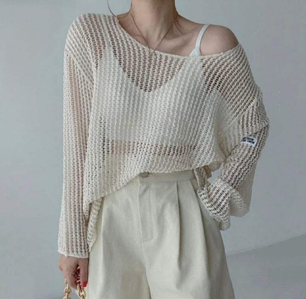 Hollow Out Pullovers Women Baggy O-neck Clothing/Casual Simple Stylish Vintage See-through Streetwear.