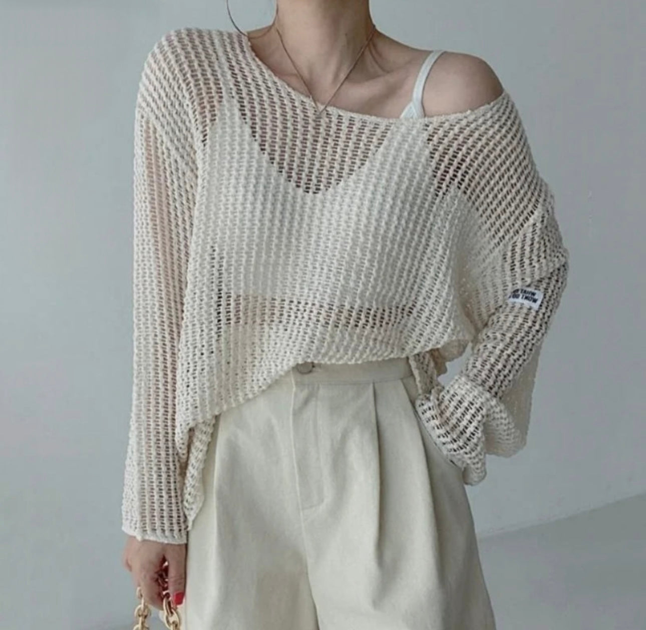 Hollow Out Pullovers Women Baggy O-neck Clothing/Casual Simple Stylish Vintage See-through Streetwear.