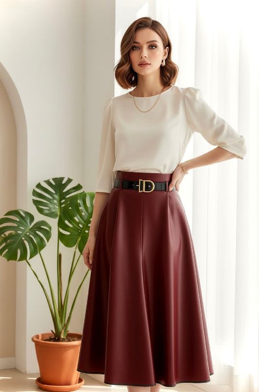 Burgundy Faux Leather A-Line Midi Skirt with Belt – Elegant High-Waist Vegan Leather Skirt