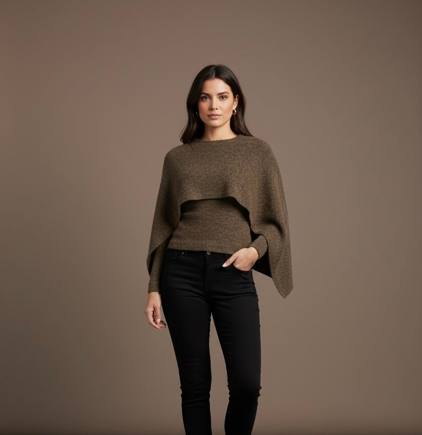 Modern Bat Sleeved Cape Sweater/Round Neck Knitted Pullover/Poncho Style Solid Loose Knitwear Trend.